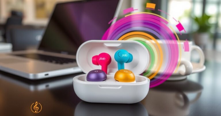 A close-up of vibrant JLab Go Air Earbuds in a sleek charging case, surrounded by colorful sound waves in an abstract swirl. The background features a modern workspace with a laptop and coffee cup, conveying a tech-savvy lifestyle. Bright, playful colors highlight the earbuds, emphasizing their wireless, versatile nature.