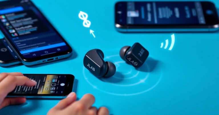 A close-up of sleek JLab earbuds resting on a vibrant, electric-blue background, with glowing connection symbols and digital waves emanating from them, highlighting the seamless connection process. Surrounding the earbuds are visual cues like smartphone screens displaying Bluetooth menus and hands effortlessly pairing devices, all infused with a modern, tech-savvy aesthetic.
