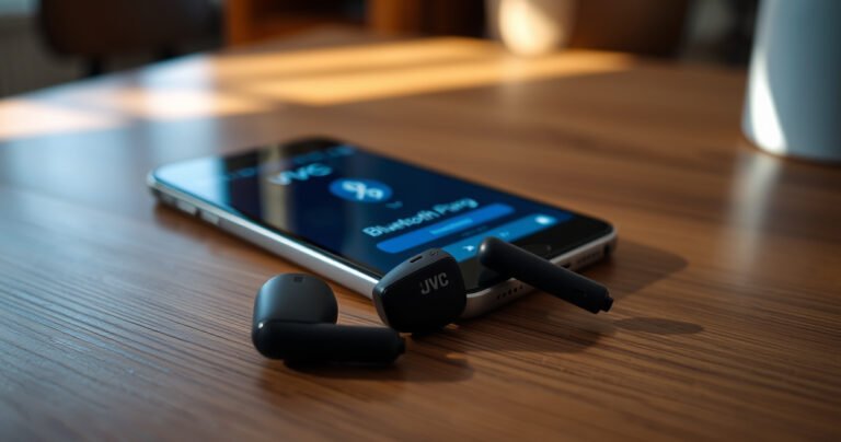 A close-up of sleek JVC earbuds resting on a wooden table, surrounded by a glowing smartphone displaying a Bluetooth pairing screen, soft natural light illuminating the scene, with a hint of a cozy home environment in the background, conveying a sense of ease and modern technology integration.