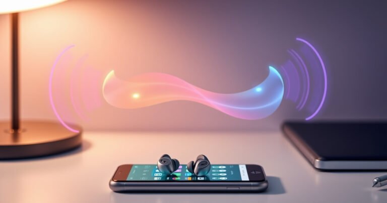 A sleek pair of Jabra earbuds resting on a minimalist desk, surrounded by vibrant sound waves illustrated in the air. A smartphone screen displays the Jabra app interface, with colorful icons and connection signals glowing. Soft ambient lighting casts a warm glow, creating a modern tech atmosphere that invites effortless pairing and connectivity.