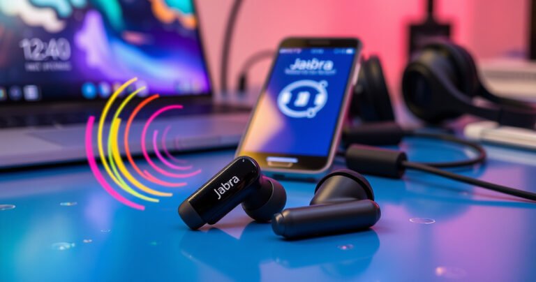 A close-up of sleek Jabra earbuds resting on a vibrant, tech-inspired workspace. Colorful sound wave patterns swirl around them, symbolizing connectivity. In the background, a smartphone displays a pairing screen, illuminated by a soft, warm glow. Scattered tech accessories like a laptop and headphones add a modern, dynamic feel to the scene.