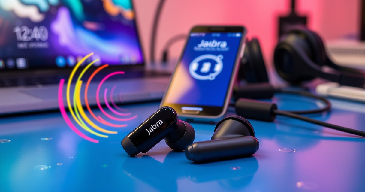 A close-up of sleek Jabra earbuds resting on a vibrant, tech-inspired workspace. Colorful sound wave patterns swirl around them, symbolizing connectivity. In the background, a smartphone displays a pairing screen, illuminated by a soft, warm glow. Scattered tech accessories like a laptop and headphones add a modern, dynamic feel to the scene.