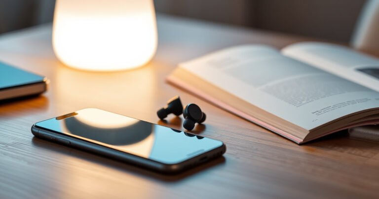 A close-up of sleek Jabra earbuds resting on a modern wooden desk beside a glowing iPhone, with vibrant sound waves illustrated around them, representing seamless connectivity. A soft, inviting light enhances the scene, while a stylish guidebook opens nearby, hinting at a step-by-step tutorial in a contemporary setting.