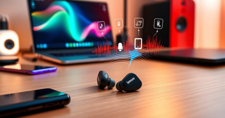 A sleek pair of Lenovo earbuds resting on a modern wooden desk, surrounded by vibrant tech gadgets and a glowing laptop screen, with colorful sound waves visually emanating from the earbuds, while step-by-step connection icons float nearby, creating a dynamic atmosphere of connectivity and innovation.