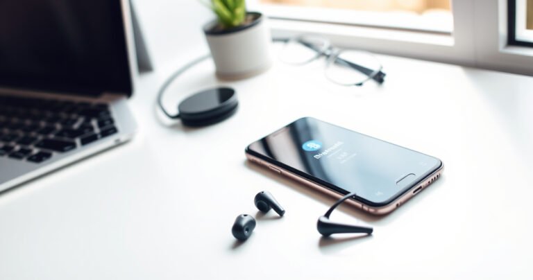 A minimalist workspace featuring a sleek, modern smartphone displaying a Bluetooth pairing screen, with vibrant Raycon earbuds resting beside it. Soft natural light filters through a nearby window, illuminating a stylish desk with tech accessories and a cozy atmosphere, evoking a sense of effortless connectivity and modern lifestyle.