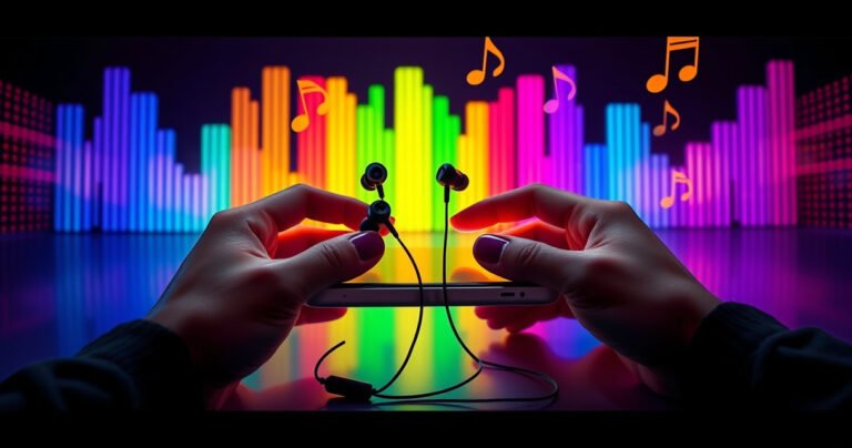 A sleek set of Skullcandy earbuds rests on a vibrant, modern background, with colorful sound waves radiating outward. Hands with painted nails effortlessly connect the earbuds to a glowing smartphone, while playful musical notes dance around the scene, conveying a sense of rhythm and excitement. The atmosphere is energetic and inviting, perfect for tech-savvy music lovers.