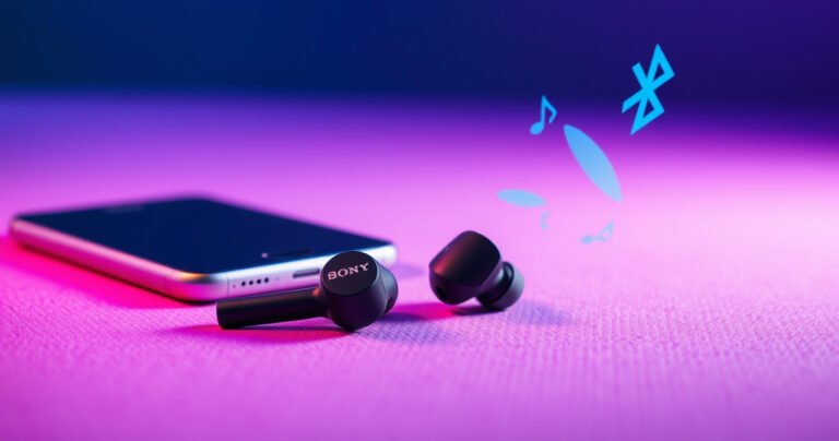 A close-up of sleek Sony earbuds resting on a vibrant, textured surface, surrounded by colorful sound waves emanating from a nearby smartphone. The background features a soft gradient, blending calming blues and purples, while subtle tech elements like Bluetooth symbols float in the air, suggesting connectivity and modernity.