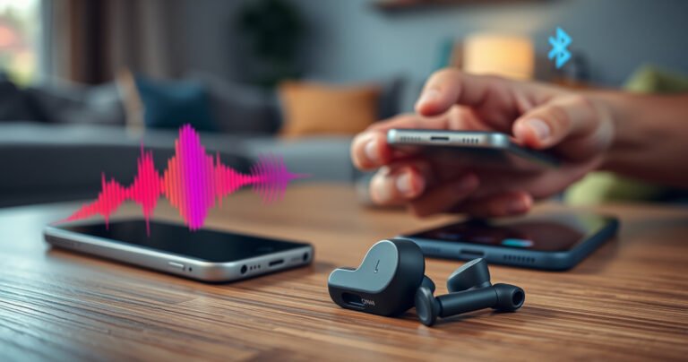 A close-up of sleek ONN Bluetooth earbuds resting on a wooden table, surrounded by vibrant soundwave illustrations and smartphones with Bluetooth signals glowing. Soft, ambient lighting highlights the earbuds' modern design, while a user’s hand reaches towards a smartphone, symbolizing connection. A blurred background of a cozy living room enhances the tech-friendly atmosphere.