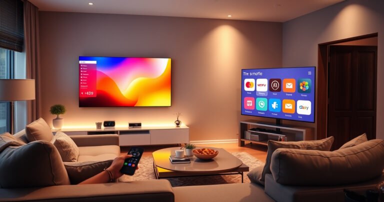 A sleek modern living room featuring a large smart TV displaying vibrant colors, a cozy couch with a remote control in hand, soft ambient lighting, and a coffee table adorned with snacks. A digital screen shows a user-friendly interface with app options, creating a warm and inviting atmosphere perfect for tech-savvy home entertainment.
