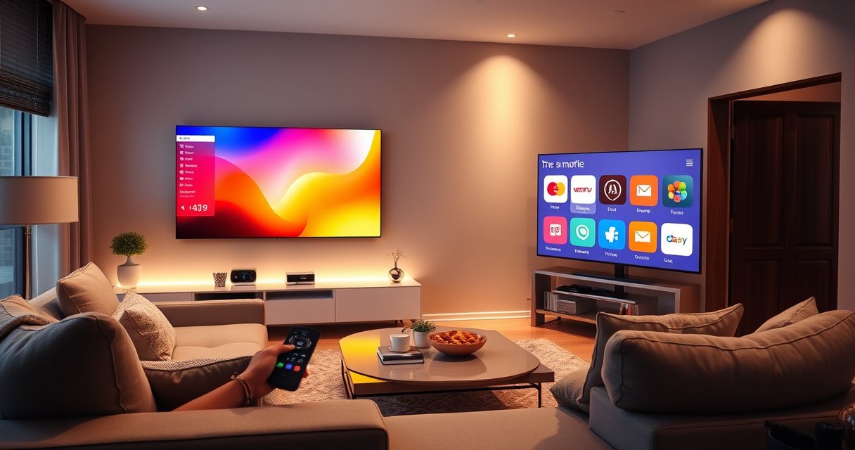 A sleek modern living room featuring a large smart TV displaying vibrant colors, a cozy couch with a remote control in hand, soft ambient lighting, and a coffee table adorned with snacks. A digital screen shows a user-friendly interface with app options, creating a warm and inviting atmosphere perfect for tech-savvy home entertainment.