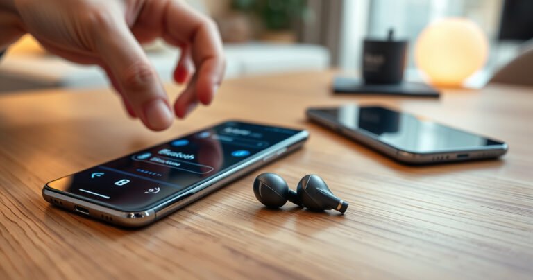 A close-up view of sleek Samsung earbuds resting on a modern wooden table, surrounded by a smartphone displaying Bluetooth settings. Soft, ambient lighting highlights the earbuds' design, while a hand reaches toward the phone, illustrating a seamless pairing process. A blurred background features a cozy, tech-savvy workspace, inviting readers into a world of effortless connectivity.