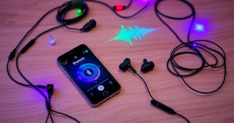 A stylish flat lay of sleek Skullcandy earbuds surrounded by vibrant music notes, colorful sound waves, and a smartphone displaying a Bluetooth connection screen, all set against a smooth wooden surface. Soft ambient lighting highlights the earbuds’ design, evoking a sense of modern tech and musical adventure, perfect for an engaging blog article.