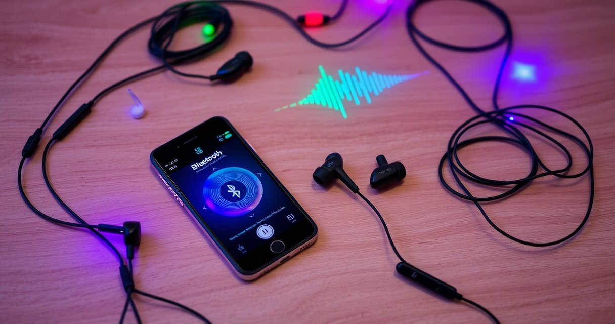 A stylish flat lay of sleek Skullcandy earbuds surrounded by vibrant music notes, colorful sound waves, and a smartphone displaying a Bluetooth connection screen, all set against a smooth wooden surface. Soft ambient lighting highlights the earbuds’ design, evoking a sense of modern tech and musical adventure, perfect for an engaging blog article.