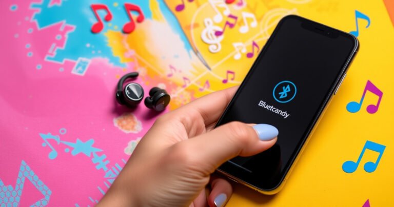 A close-up of stylish Skullcandy wireless earbuds resting on a vibrant, colorful background, surrounded by sound waves and musical notes. The earbuds gleam with modern design, while a hand elegantly demonstrates the pairing process with a smartphone displaying a Bluetooth connection screen. Bright colors and dynamic shapes convey energy and tech-savviness.