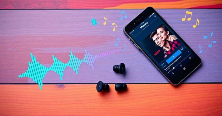 A stylish flat lay featuring two sleek Skullcandy wireless earbuds on a vibrant wooden surface, surrounded by colorful sound wave graphics, with tech-inspired illustrations of Bluetooth connections and music notes floating around. Nearby, a smartphone displays a lively playlist, creating an energetic and modern atmosphere that embodies the joy of pairing and enjoying music wirelessly.