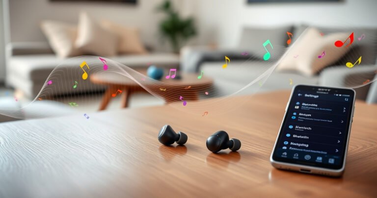 A sleek pair of Sony earbuds elegantly displayed on a modern wooden table, surrounded by vibrant sound waves and colorful musical notes, with a smartphone nearby showcasing the Bluetooth settings screen, all set against a soft, blurred background of a cozy, tech-savvy living room ambiance.