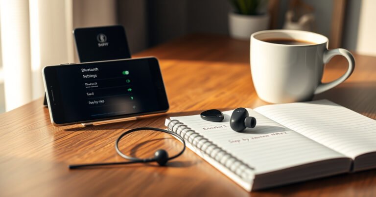 An inviting workspace featuring a sleek smartphone displaying the Bluetooth settings screen, with a pair of stylish Sony earbuds on a wooden desk. Soft morning light streams through a nearby window, illuminating a notepad with step-by-step notes and a steaming cup of coffee, creating a warm, tech-savvy atmosphere perfect for learning.