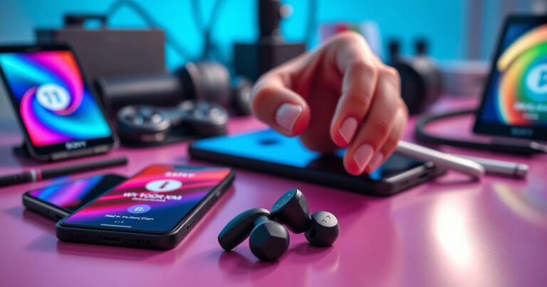 A close-up of sleek Sony WF-1000XM4 earbuds nestled on a vibrant, modern workspace. Surrounding them are colorful smartphone screens displaying pairing instructions, while a hand effortlessly reaches for the earbuds. Soft, ambient lighting enhances the elegant design, with a blurred background of tech gadgets and accessories, creating a dynamic and engaging atmosphere.