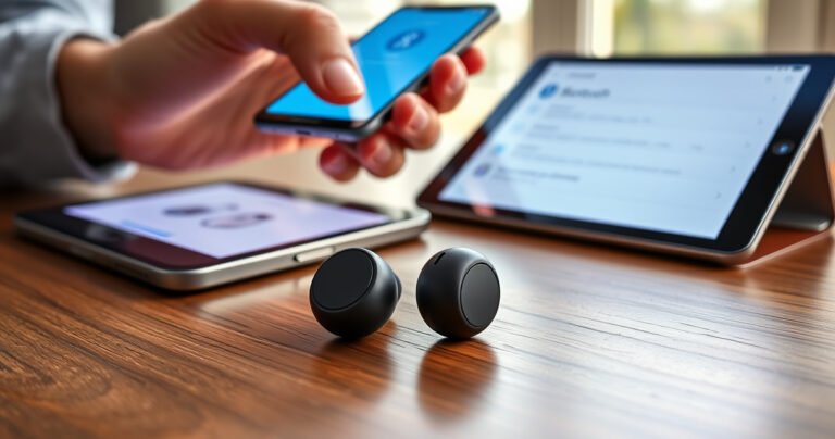 A close-up view of sleek Sony wireless earbuds resting on a wooden table, surrounded by vibrant smartphone and tablet screens displaying Bluetooth settings. Soft natural light filters through a nearby window, highlighting the earbuds' glossy finish, while a hand reaches for the smartphone, symbolizing seamless connectivity and modern technology.