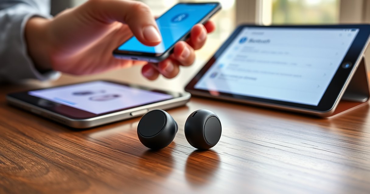 A close-up view of sleek Sony wireless earbuds resting on a wooden table, surrounded by vibrant smartphone and tablet screens displaying Bluetooth settings. Soft natural light filters through a nearby window, highlighting the earbuds' glossy finish, while a hand reaches for the smartphone, symbolizing seamless connectivity and modern technology.