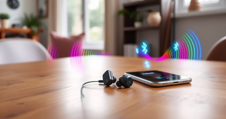 A sleek pair of Soundcore A40 earbuds resting on a wooden table, surrounded by vibrant sound waves illustrated in colorful arcs, glowing Bluetooth symbols floating nearby, and a smartphone displaying a pairing screen, all set against a cozy, modern workspace with soft natural light filtering through a window.