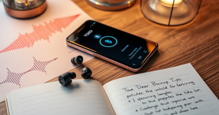 A sleek pair of TOZO A1 earbuds resting on a modern wooden desk, surrounded by vibrant soundwave illustrations, a smartphone displaying a Bluetooth connection screen, and a cozy ambiance with soft lighting. An open notebook with handwritten notes on pairing tips lies nearby, inviting readers into a tech-savvy, engaging atmosphere.