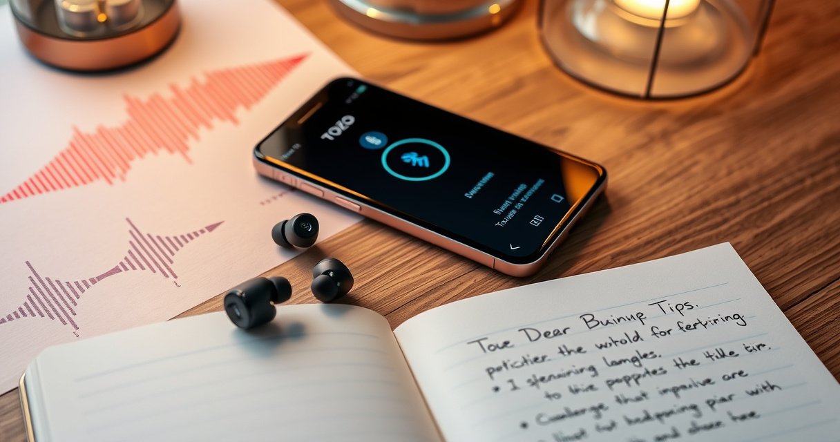 A sleek pair of TOZO A1 earbuds resting on a modern wooden desk, surrounded by vibrant soundwave illustrations, a smartphone displaying a Bluetooth connection screen, and a cozy ambiance with soft lighting. An open notebook with handwritten notes on pairing tips lies nearby, inviting readers into a tech-savvy, engaging atmosphere.