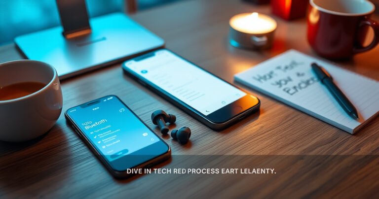 A sleek pair of TOZO earbuds on a modern wooden desk, surrounded by a glowing smartphone displaying Bluetooth settings. Soft ambient lights illuminate the scene, with a cozy coffee cup nearby and a notepad with handwritten notes. A subtle hint of tech elegance, inviting readers to dive into the pairing process.