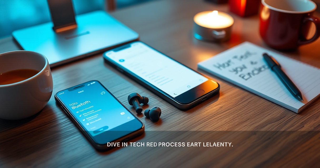 A sleek pair of TOZO earbuds on a modern wooden desk, surrounded by a glowing smartphone displaying Bluetooth settings. Soft ambient lights illuminate the scene, with a cozy coffee cup nearby and a notepad with handwritten notes. A subtle hint of tech elegance, inviting readers to dive into the pairing process.
