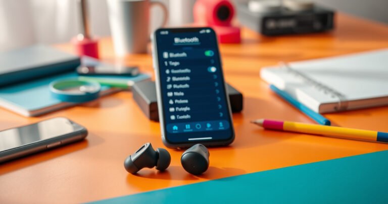 A sleek pair of wireless earbuds resting on a vibrant, modern desk, surrounded by colorful tech gadgets and a smartphone displaying a Bluetooth settings screen, soft morning light illuminating the scene, with subtle hints of music notes floating in the air, suggesting rhythm and connectivity, evoking a sense of ease and modern tech lifestyle.
