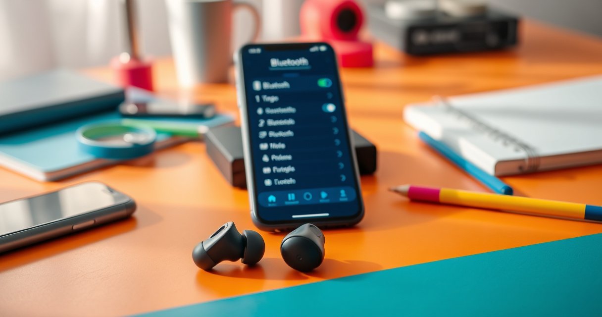 A sleek pair of wireless earbuds resting on a vibrant, modern desk, surrounded by colorful tech gadgets and a smartphone displaying a Bluetooth settings screen, soft morning light illuminating the scene, with subtle hints of music notes floating in the air, suggesting rhythm and connectivity, evoking a sense of ease and modern tech lifestyle.