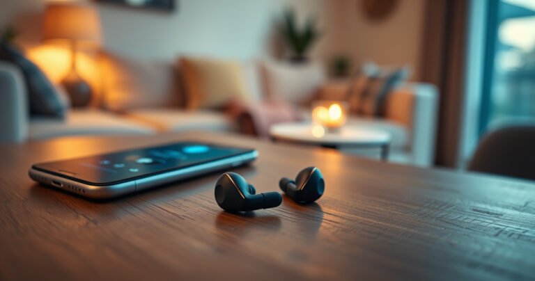 A close-up of sleek Taotronics earbuds resting on a wooden table, surrounded by a glowing smartphone displaying a Bluetooth pairing screen. Soft, ambient lighting illuminates the scene, highlighting the earbuds' modern design. In the background, a cozy living space hints at a tech-savvy lifestyle, inviting viewers to explore the seamless connection to sound.