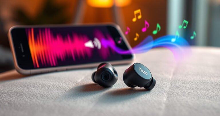 A close-up of sleek Tozo T10 earbuds resting on a soft, textured surface, surrounded by vibrant sound waves visually emanating from them. In the background, a smartphone displays a Bluetooth connection screen, with colorful musical notes floating around, symbolizing the seamless pairing process. Warm, inviting lighting enhances the modern, tech-savvy atmosphere.