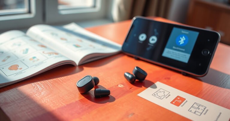 A close-up of sleek, modern Veatool earbuds resting on a vibrant, wooden table, surrounded by intricate step-by-step visual guides illustrated with colorful icons. Soft, natural light filters through a nearby window, casting gentle shadows, while a smartphone displays a Bluetooth pairing screen, creating an inviting and informative atmosphere for tech enthusiasts.