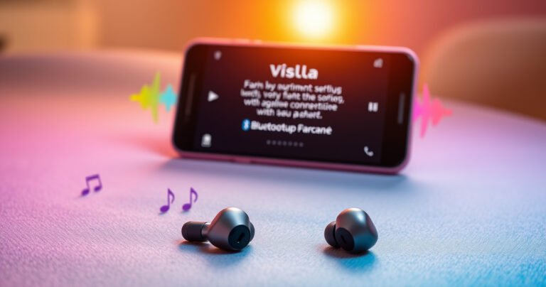 A sleek pair of Vislla earbuds resting on a vibrant, softly textured surface, surrounded by colorful sound waves and digital icons representing Bluetooth connectivity. In the background, an open smartphone displays a friendly setup guide, bathed in warm light that creates an inviting, tech-savvy atmosphere, emphasizing ease and modern convenience.