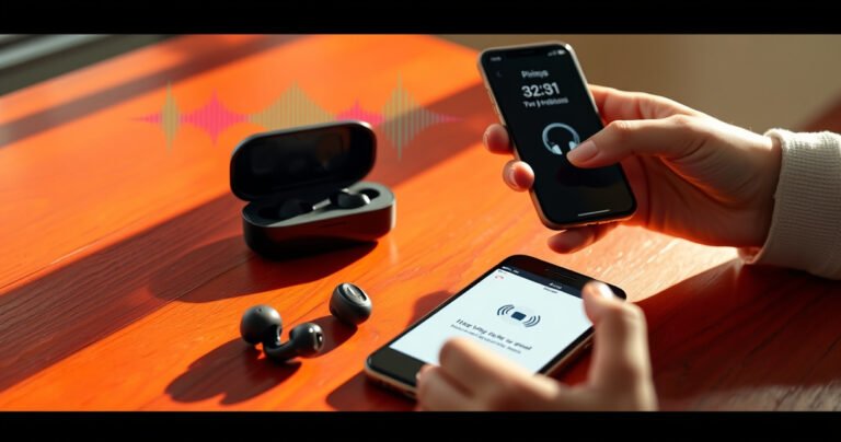 A close-up of sleek wireless earphones elegantly placed on a vibrant wooden table, surrounded by colorful soundwave graphics and a smartphone displaying a pairing screen. Warm natural light filters through a nearby window, casting soft shadows, while a pair of hands gestures towards the phone, illustrating a step-by-step pairing process.