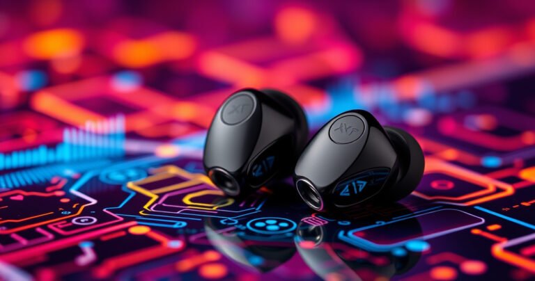 A close-up of sleek, modern X08 earbuds resting on a vibrant, futuristic tech-inspired background, showcasing their glossy finish and intricate design. Surrounding the earbuds are visual elements representing connectivity, like glowing Bluetooth symbols and dynamic sound waves, conveying a sense of innovation and seamless pairing for a tech-savvy audience.