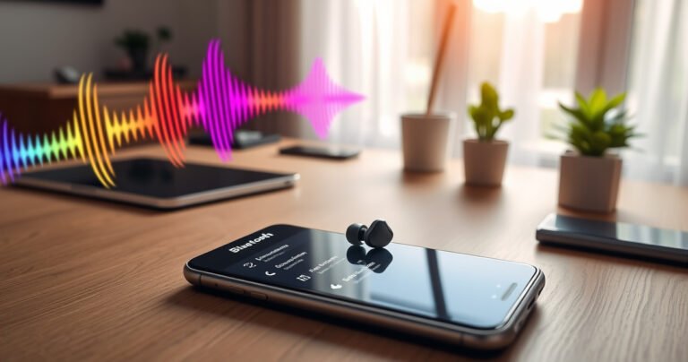 A sleek pair of XO8 earbuds rests atop a modern wooden desk, surrounded by vibrant sound waves in soft colors. An open smartphone displays a Bluetooth settings screen, with glowing icons and user-friendly graphics. Natural light floods in, highlighting a minimalist workspace with tech gadgets and a potted plant, symbolizing seamless connectivity and modern lifestyle.