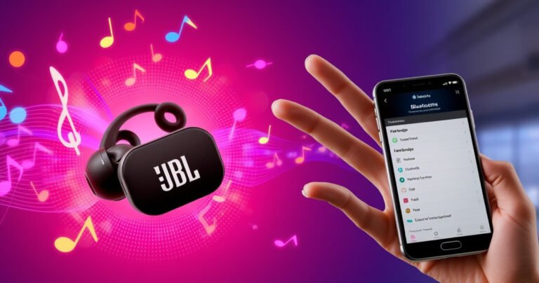 A close-up of stylish JBL earbuds surrounded by vibrant sound waves, with colorful musical notes dancing in the air. A playful hand gestures towards a glowing smartphone screen displaying Bluetooth settings, set against a modern, sleek background that conveys a sense of connectivity and tech-savvy lifestyle.