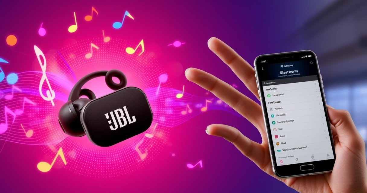 A close-up of stylish JBL earbuds surrounded by vibrant sound waves, with colorful musical notes dancing in the air. A playful hand gestures towards a glowing smartphone screen displaying Bluetooth settings, set against a modern, sleek background that conveys a sense of connectivity and tech-savvy lifestyle.