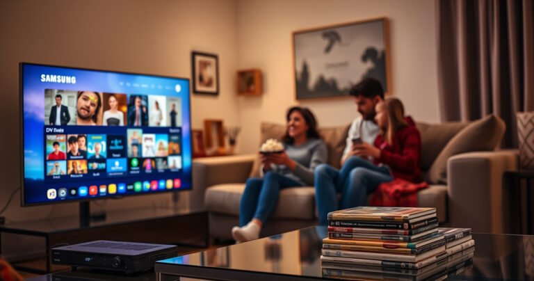 A cozy living room scene with a sleek Samsung Smart TV displaying a colorful DVD menu, a family gathered on a plush sofa, popcorn in hand, bright ambient lighting creating a warm atmosphere, DVD player connected with visible cables, and a stylish coffee table with a stack of DVDs, evoking a sense of togetherness and nostalgia.