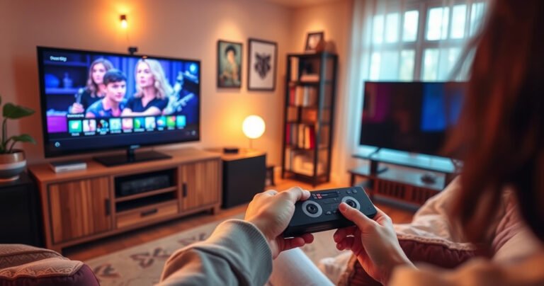 A retro living room with a cozy ambiance, showcasing a vintage VHS player connected to a sleek modern smart TV. Warm lighting, colorful tapes neatly arranged on a shelf, and a comfortable couch with throw pillows. A person enthusiastically pressing play on the VHS remote, blending nostalgia with contemporary technology in a harmonious scene.