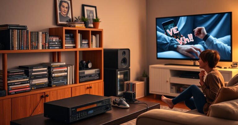 A cozy living room scene featuring a vintage VHS player connected to a sleek modern Smart TV. A nostalgic collection of VHS tapes on a wooden shelf, soft warm lighting illuminating the space, and a person joyfully setting up the equipment. A mix of retro and contemporary decor creates a harmonious blend of past and present.