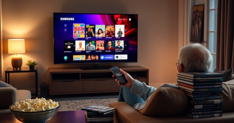 A cozy living room with a sleek Samsung Smart TV displaying a colorful DVD menu, surrounded by a plush sofa, a popcorn bowl, and soft ambient lighting. A person is seated, remote in hand, eagerly preparing to start the movie, while a stack of DVDs rests on a nearby table.