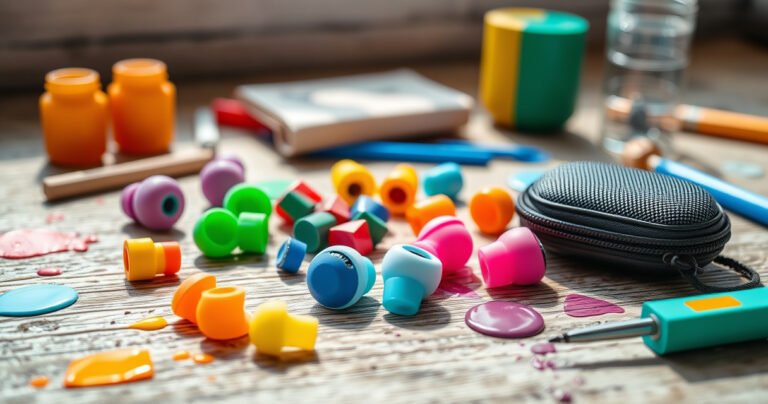 A close-up of colorful, innovative earbud accessories positioned on a textured wooden surface, surrounded by playful splashes of paint and small tools. Bright silicone grips, foam tips, and stylish carrying cases are artistically displayed, showcasing a vibrant contrast of colors. Soft sunlight filters through, creating a warm, inviting atmosphere that highlights creativity and practicality.