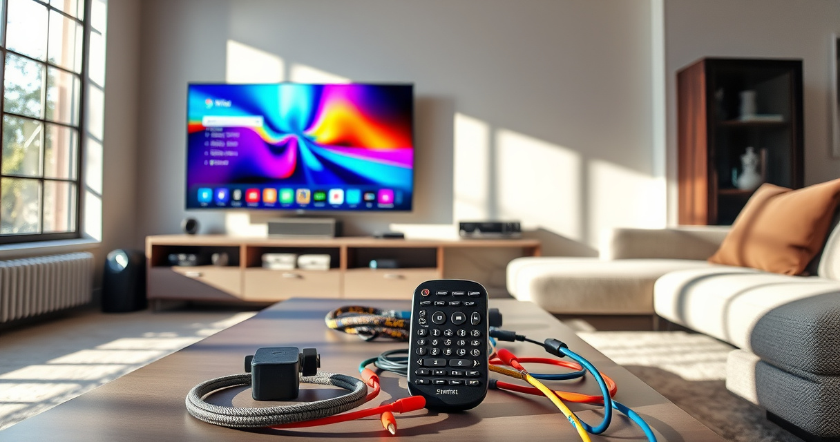A sleek living room with a modern smart TV displaying vibrant colors, a universal remote resting on a stylish coffee table, surrounded by colorful cables and tech gadgets. Sunlight streams through a large window, casting soft shadows, while a cozy couch invites viewers to dive into the world of home entertainment technology.