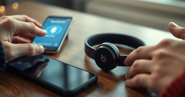 A close-up of sleek black Beats earbuds resting on a wooden table, with soft, ambient light highlighting their curves. Nearby, a smartphone displays a glowing Bluetooth pairing screen. A pair of hands gently reach towards the earbuds, showcasing the moment of connection, surrounded by subtle hints of technology and style in a cozy, inviting atmosphere.