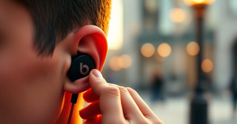A close-up of a pair of Beats earbuds being carefully placed into an ear, showcasing vibrant red and black colors. Soft, warm lighting highlights the sleek design, while a blurred background of a stylish urban setting emphasizes modernity and lifestyle. The focus captures the perfect fit and comfort, inviting viewers to learn the correct technique.