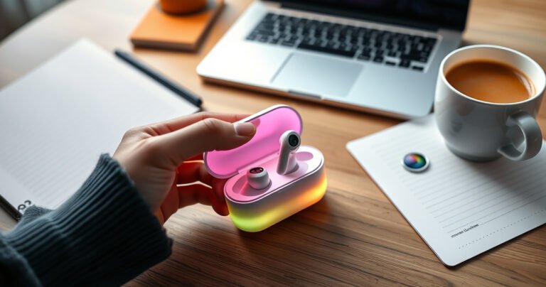 A close-up of a person's hand delicately placing sleek, modern earbuds into a vibrant, softly glowing charging case, surrounded by a cozy, tech-inspired workspace with a laptop, notes, and a warm cup of coffee, illustrating the seamless connection between technology and daily life.