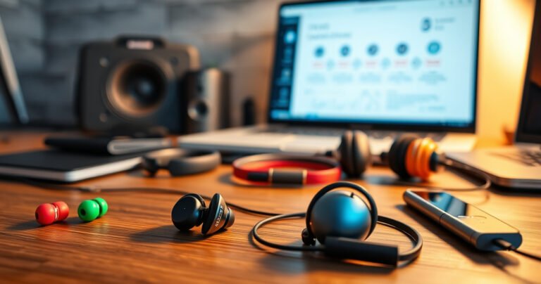 An inviting workspace featuring a pair of sleek earbuds and stylish earphones on a wooden desk, surrounded by colorful audio accessories, a step-by-step infographic subtly displayed in the background, warm lighting casting soft shadows, and a hint of tech gadgets like a smartphone and a laptop, emphasizing a modern, organized atmosphere for tech enthusiasts.